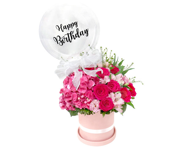 送花礼盒 - 桃红玫瑰与绣球生日气球花盒 HB02 - FOB0524A2 Photo